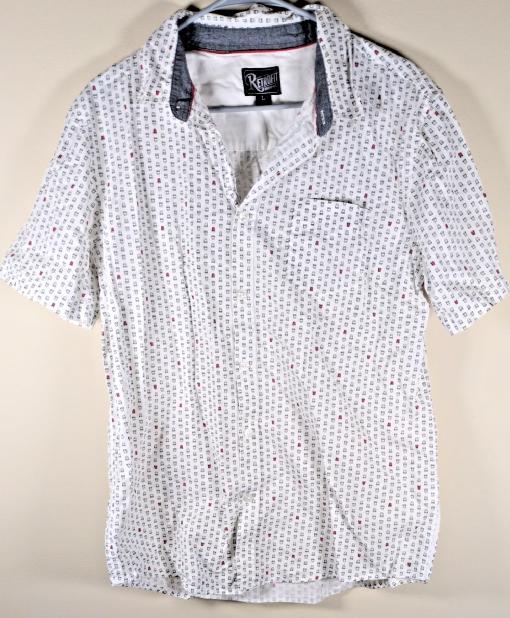 Retrofit Mens Button-Up Shirt L White Short Sleeve Cocktail Glass Print Novelty
